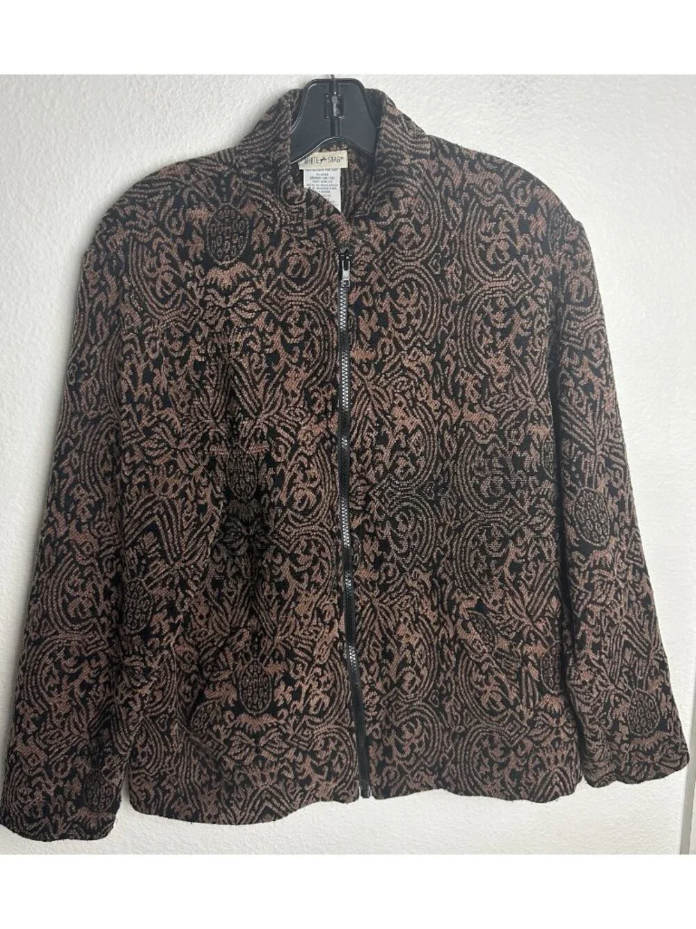 Vintage White Stag Tapestry Jacket Womens Large L Black Toasty Paisley Zip Up